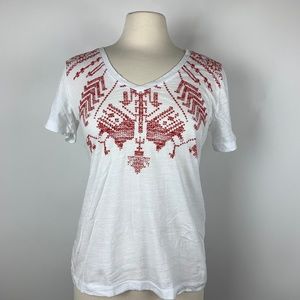 LUCKY S V-Neck Aztec Cross-stitch Print T-Shirt Wh